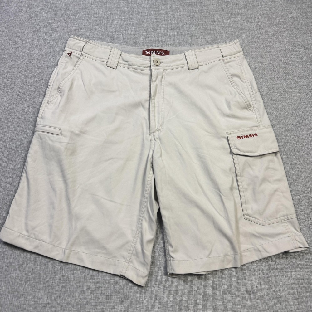 Simms Fishing Cargo Shorts Men Large Beige Nylon 10 Inseam Quick Dry Relaxed Fit